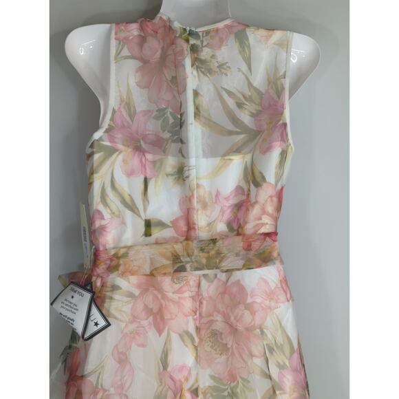 Eliza‎ J. Ivory Multi Floral Illusion Neck Belted Evening Dress Womens 6P NWT - Picture 11 of 16